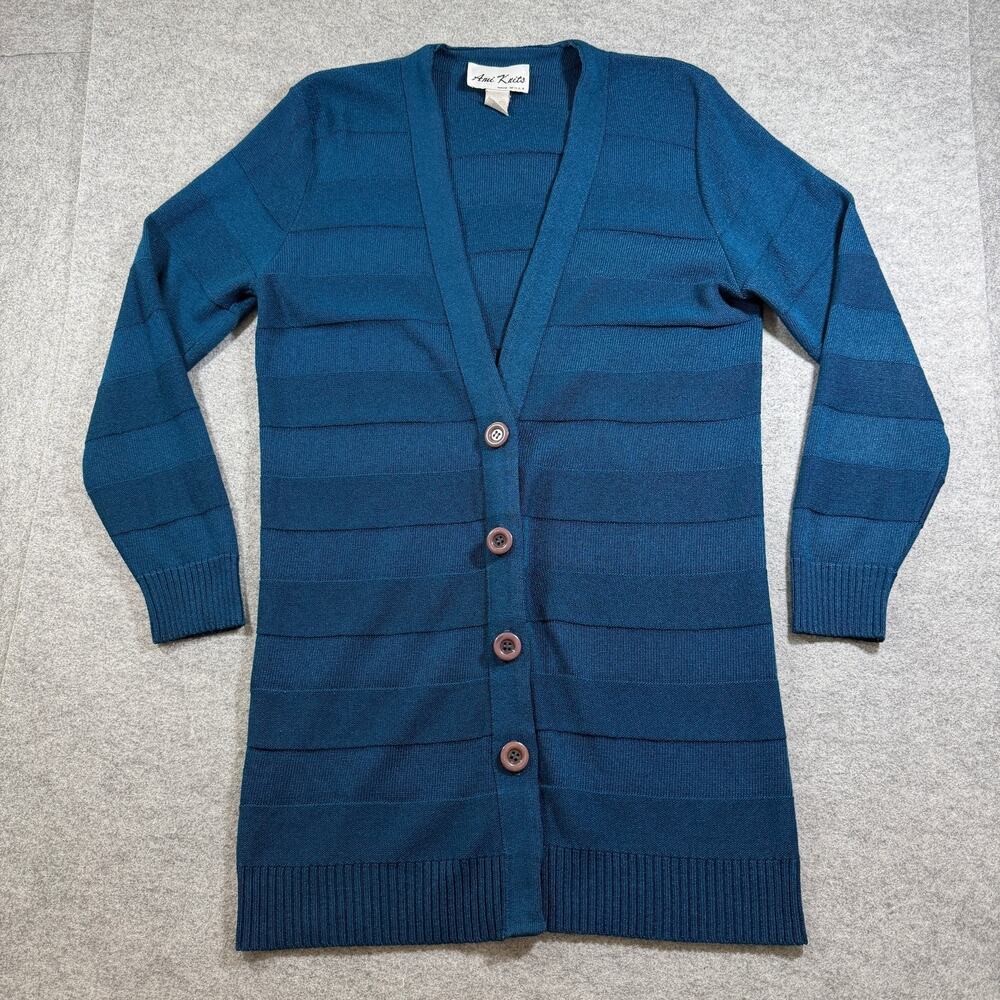 Vintage 80s Ami Knits Long Cardigan Sweater Womens 12 Blue Button Front USA Made